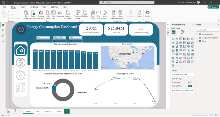 تصميم لوحة معلومات لاستهلاك الطاقة باستخدام Power BI