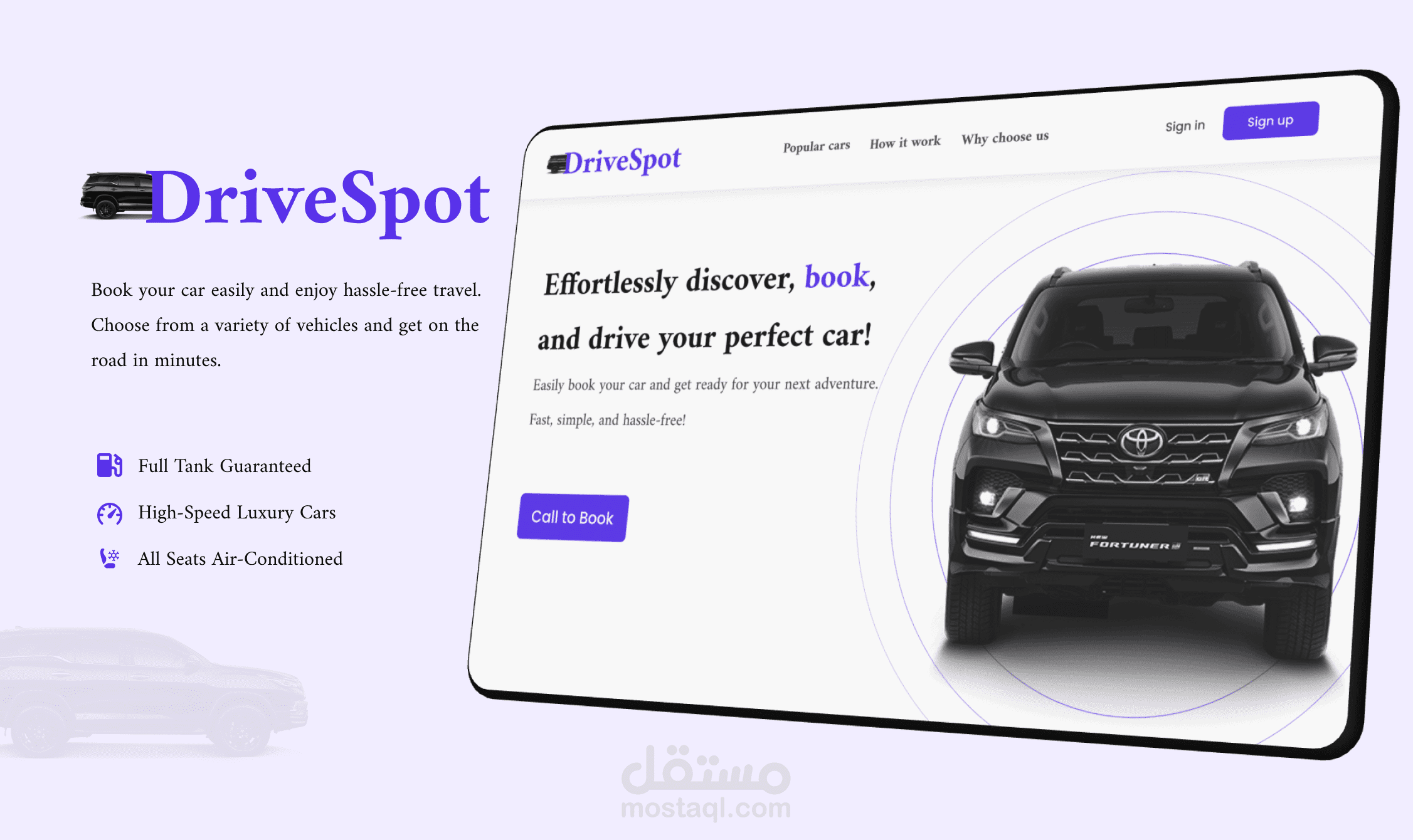 تصميم واجهة تسويقية لتطبيق حجز السيارات