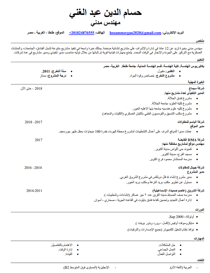 تصميم وكتاب سيره ذاتيه لمهندس خبرة ١٢ سنة