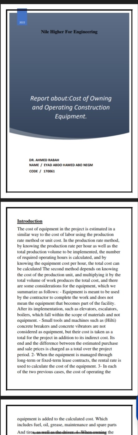 Report about:Cost of Owning  and Operating Construction  Equipment.