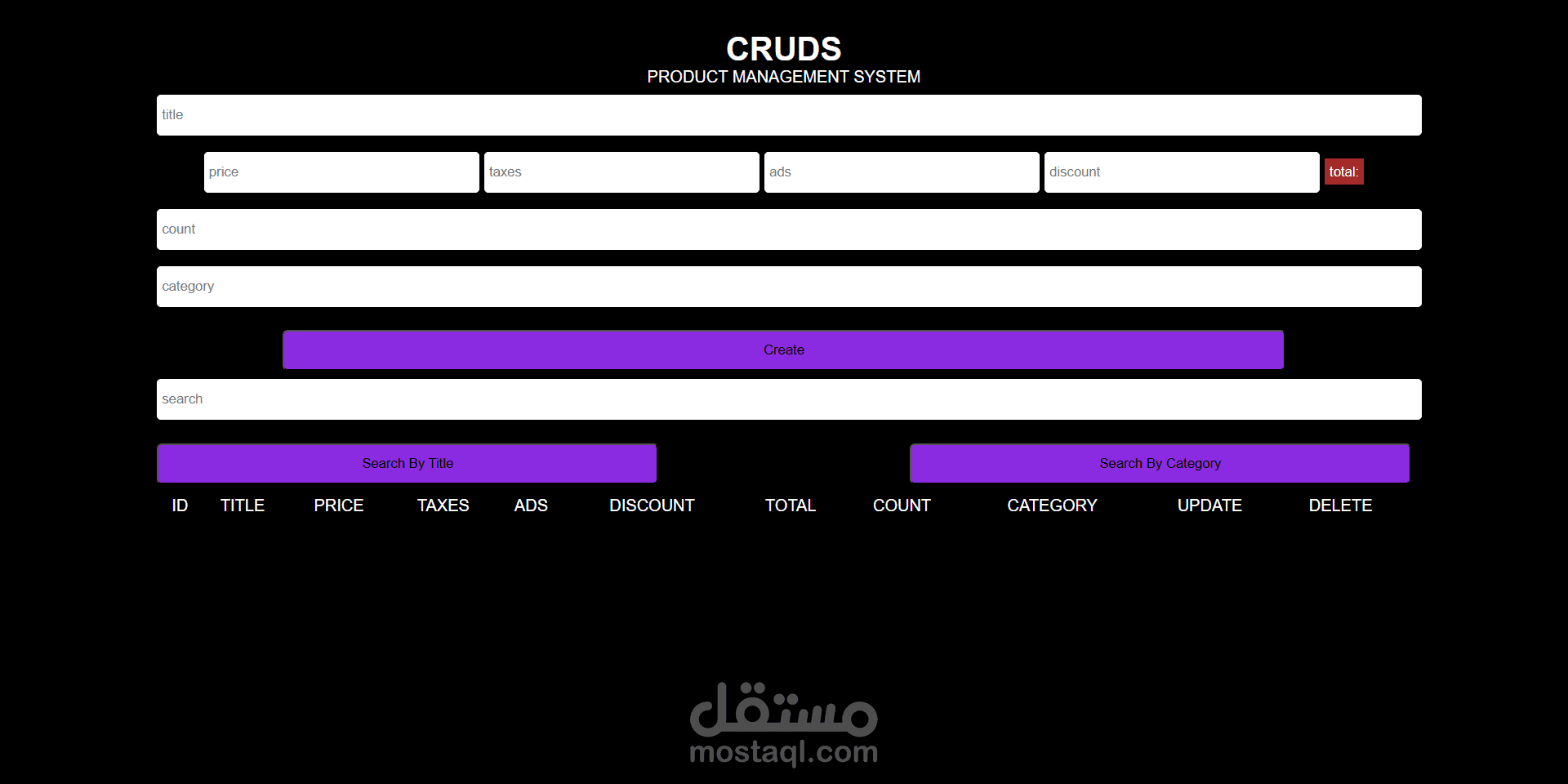 موقع لادارة المنتجات (انشاء منتج جديد, عمل سيرش على منتج معين, تحديث بيانات منتج و حذف منتج )