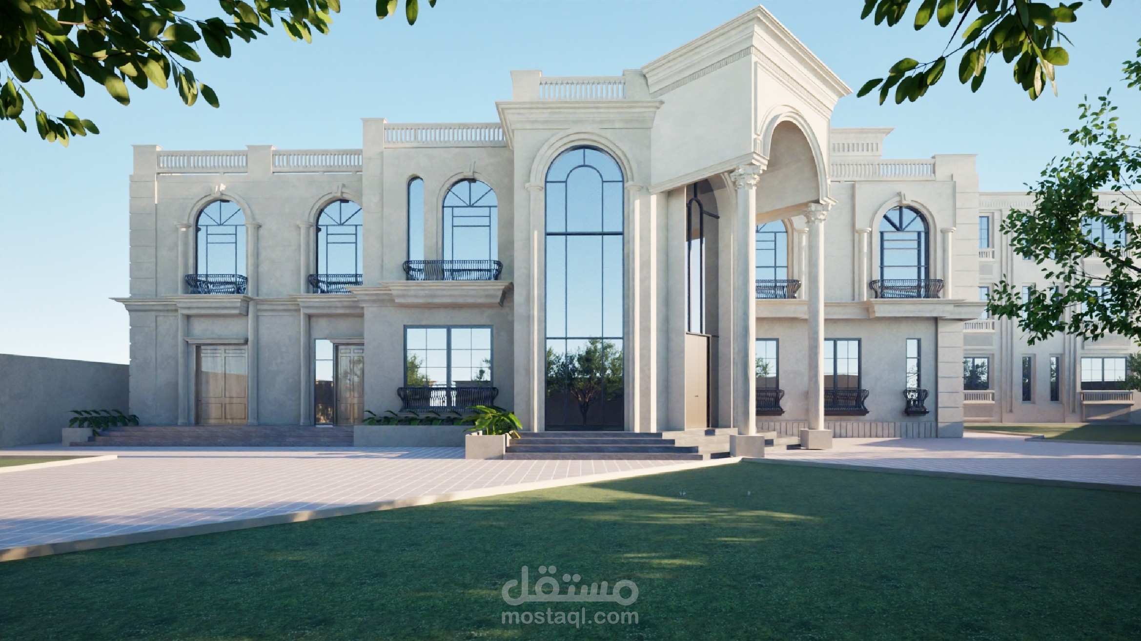 تصميم فيلا سكنية بنمط نيو كلاسيك – فيلا مزدوجة من مبنيين متناظرين