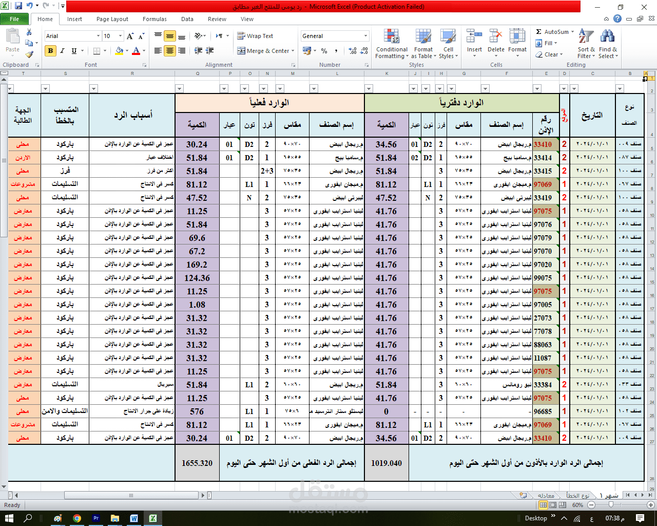 العمل مع معادلات برنامج الإكسل ، ملف خاص بعمل ارتجاع المنتج الغير مطابق للمواصفات القياسية لبعض المصانع .