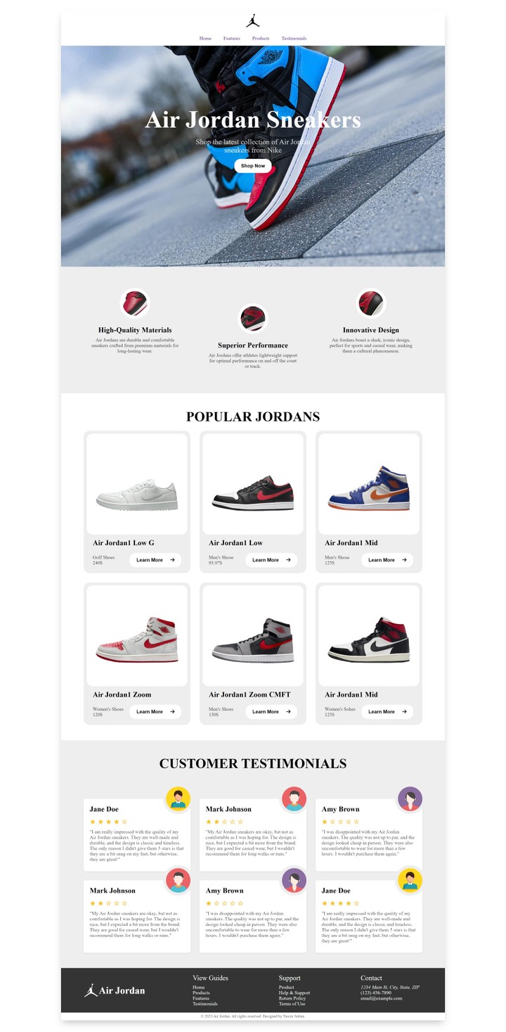 تصميم صفحة هبوط ترويجية لمنتجات Air Jordan باستخدام HTML و CSS و JavaScript و Bootstrap