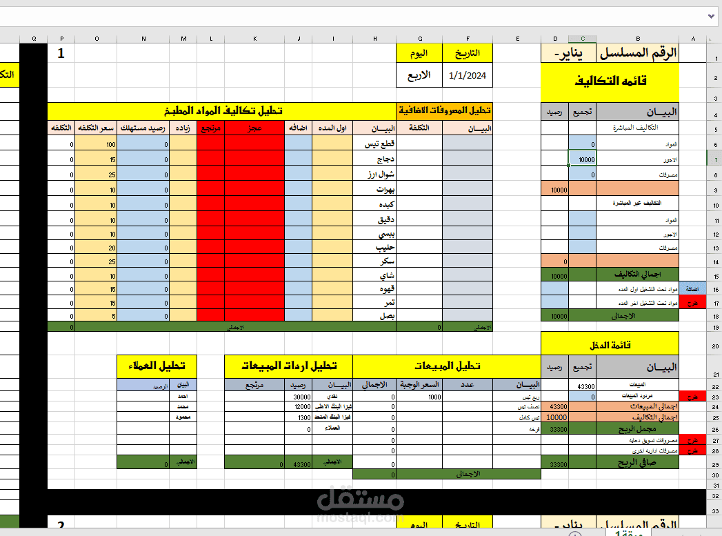 تصميم برناج تكاليف كامل لمطعم  علي الاكسل  لتحديد الرسبي للمنتجات