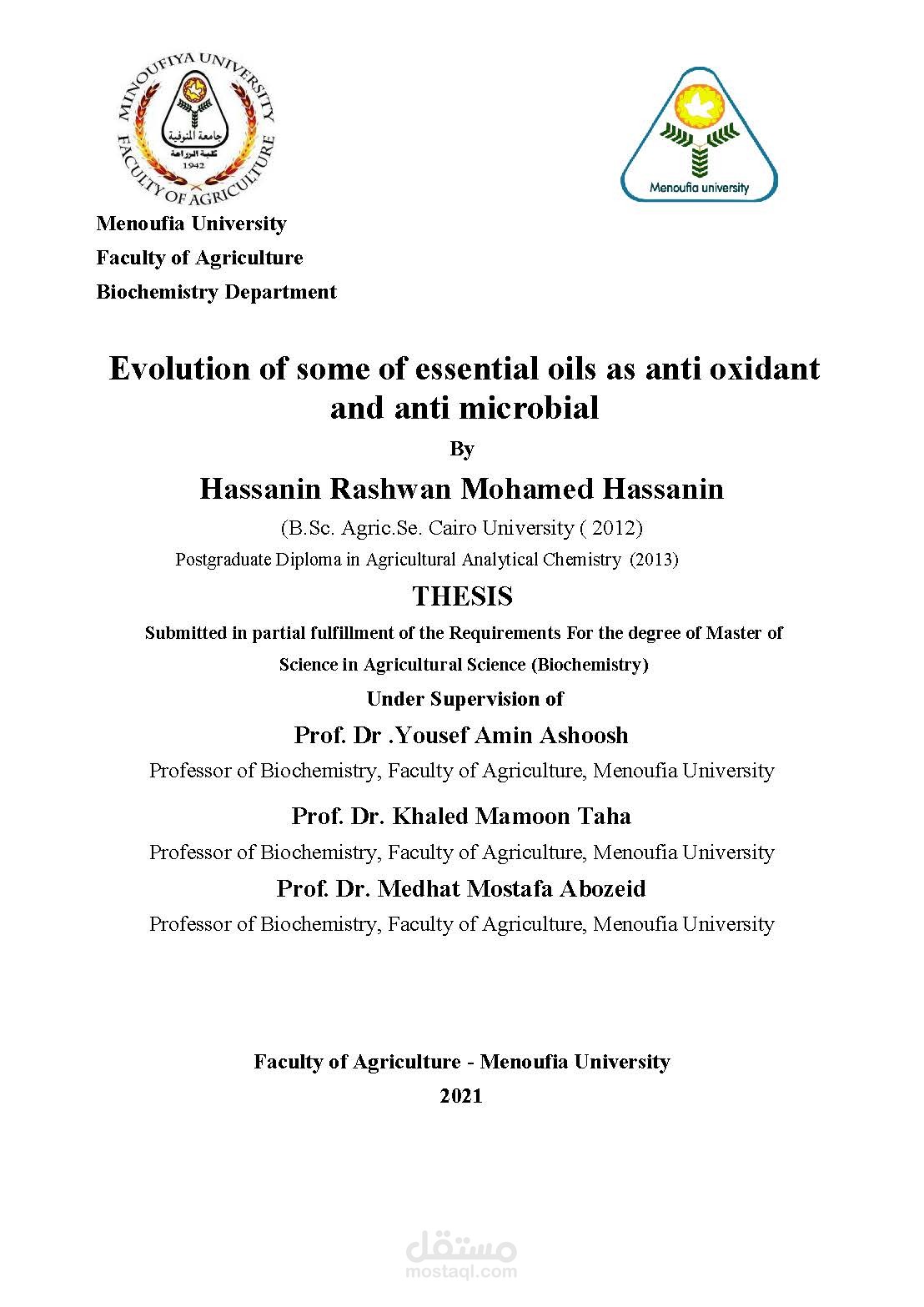 Evolution of some of essential oils as anti oxidant and anti microbial