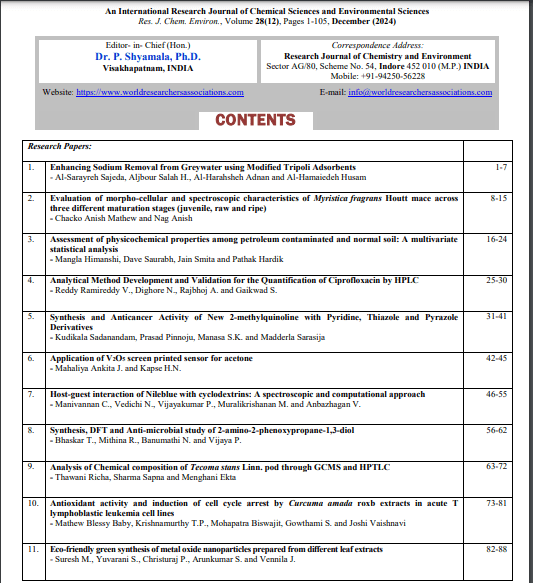 نشر بحث علمي في مجلة Research Journal of Chemistry and Environment.