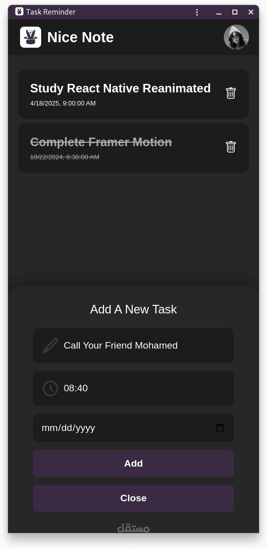 تطبيق Progressive Web App يقوم بادارة  ال Tasks الخاصة بالمستخدم وارسال اشعارات عندما ياتي موعد تنفيذ ال task