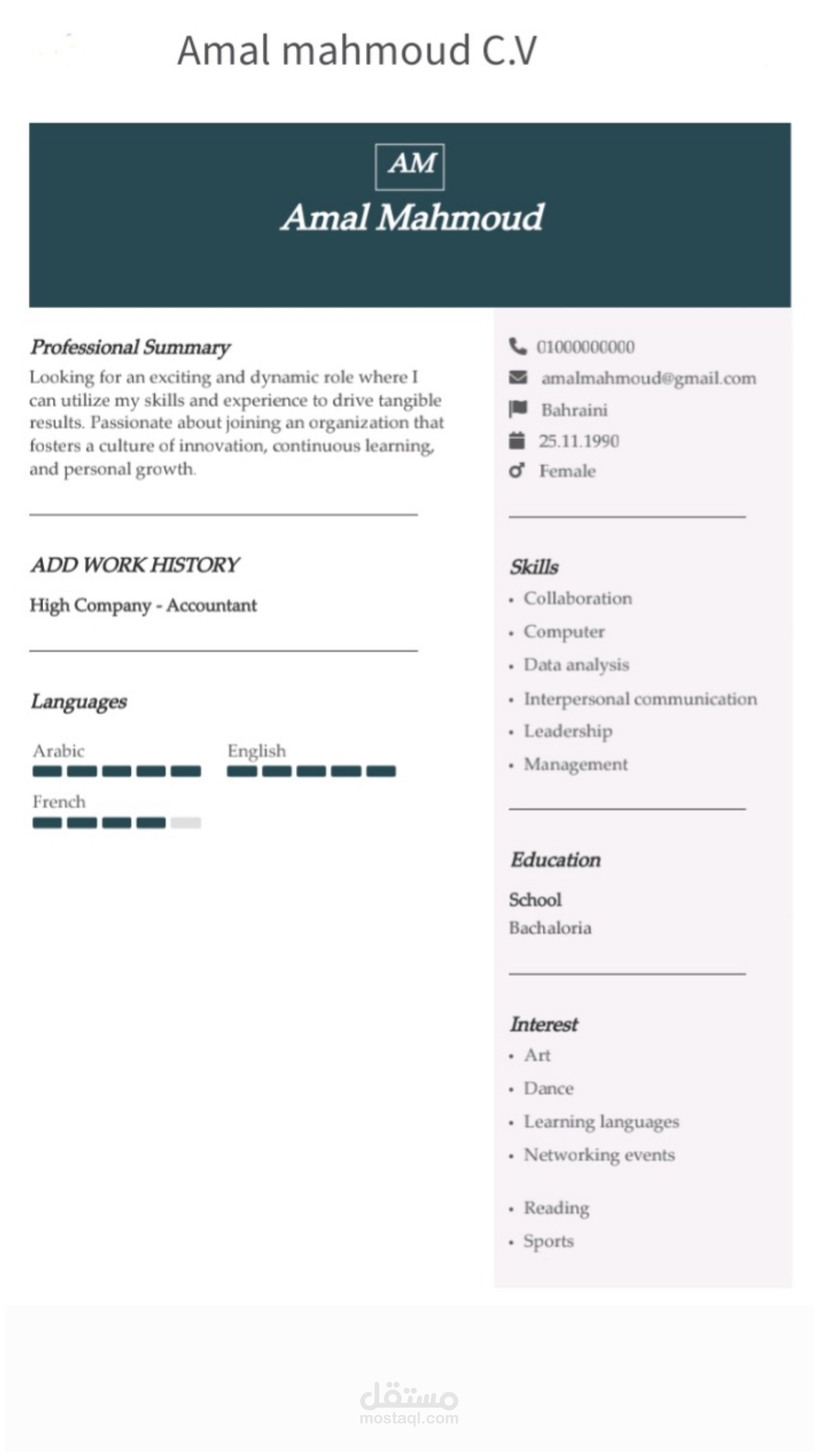 عمل سيرة ذاتية لموظف حسابات باللغة العربية في صفحة واحدة يحتوي على تنسيق خاص