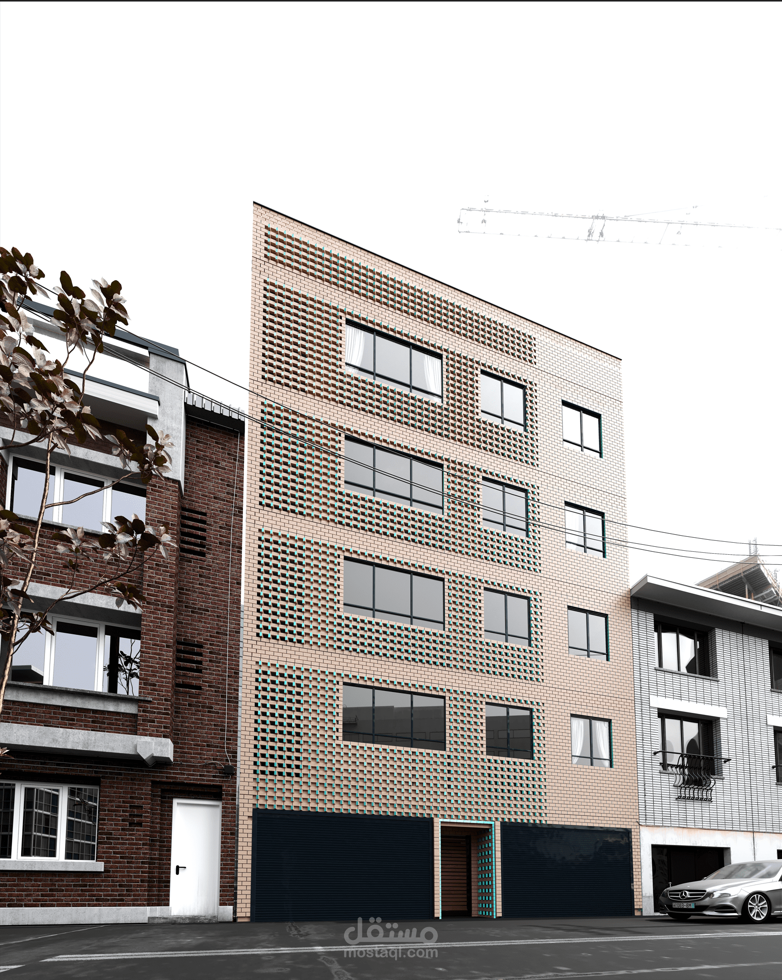 Parametric brick facade design with turquoise glaze on one brick face