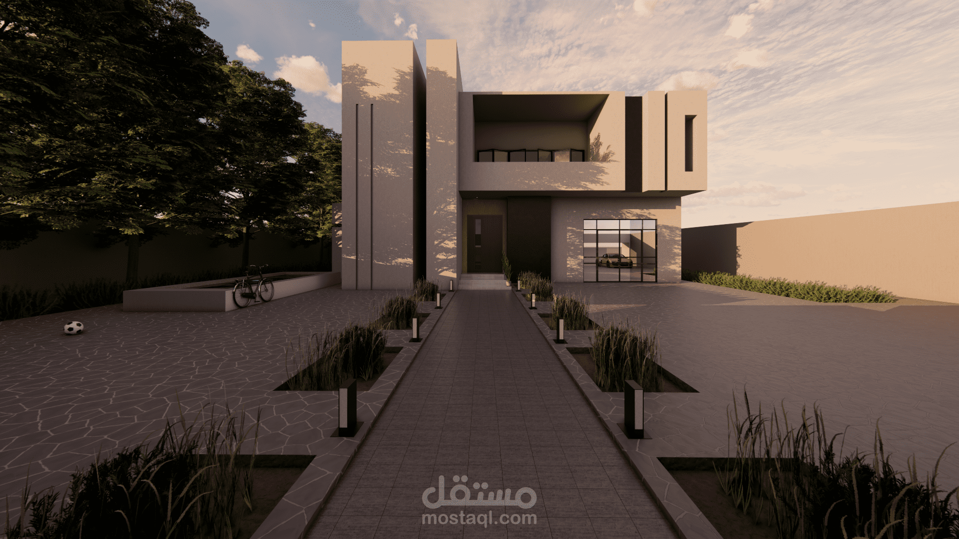 تصميم واجهة و ساحة خارجية لفيلا بنمط العمارة الخمومية