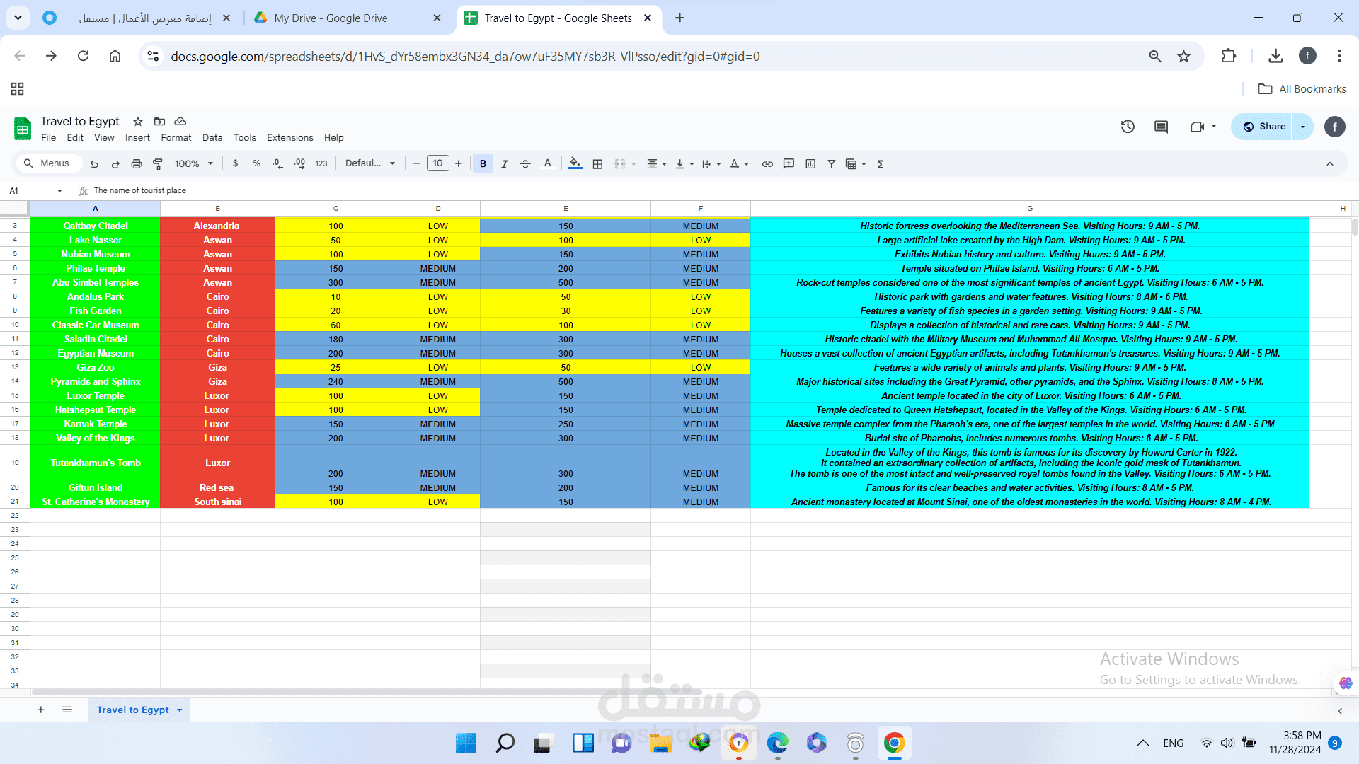 عمل Excel بعنوان Travel to Egypt