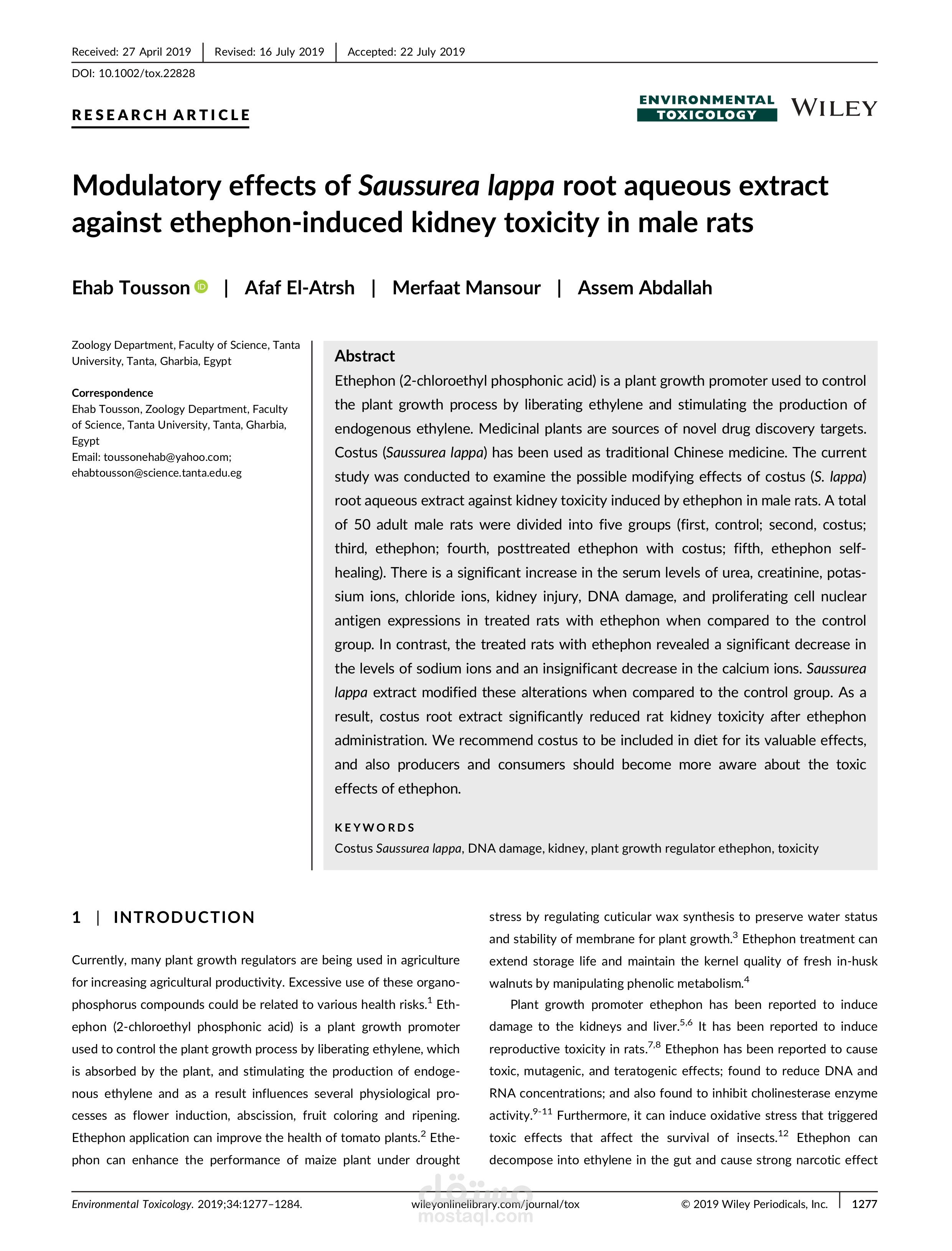 Modulatory effects of Saussurea lappa root aqueous extract against ethephon-induced kidney toxicity in male rats