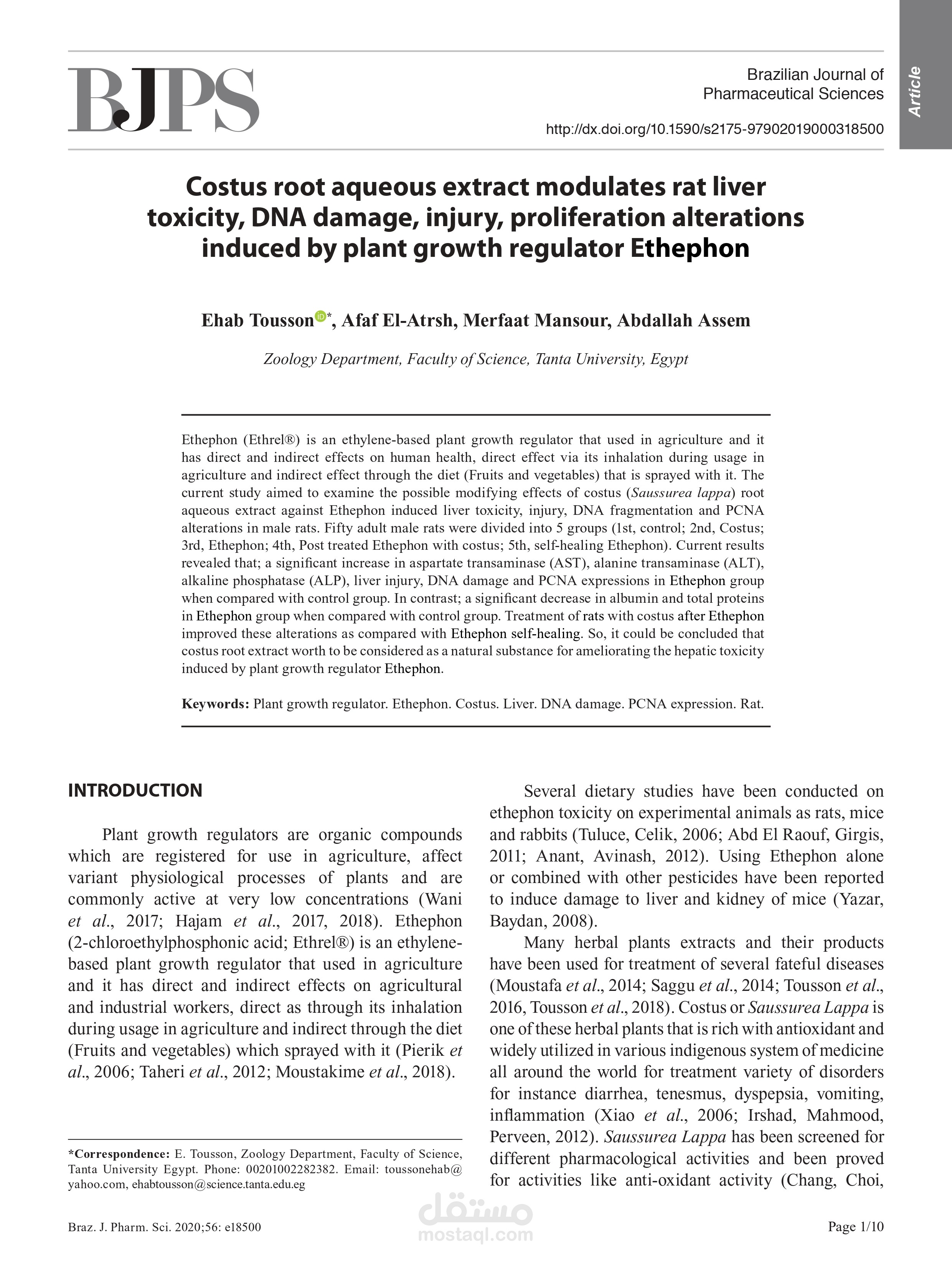 Costus root aqueous extract modulates rat liver toxicity, DNA damage, injury, proliferation alterations induced by plant growth regulator Ethephon