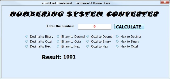 NUMBERING SYSTEM CONVERTER (برنامج التحويل بين الانظمة العددية (عشرى - ثنائى - ثمانى - سادس عشر))