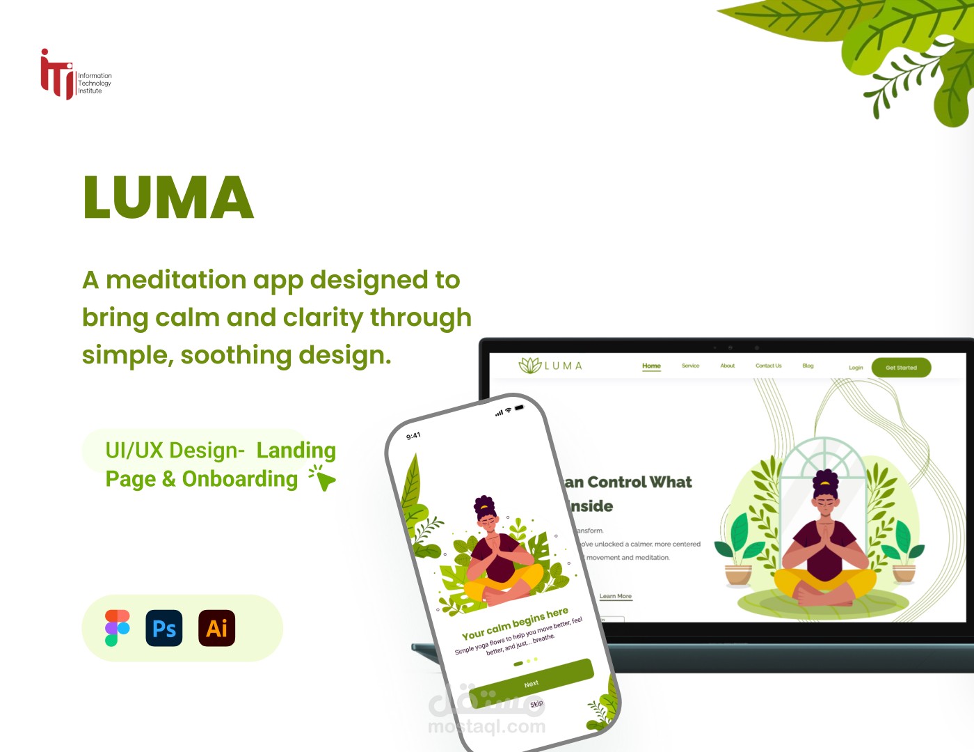 تصميم واجهات تطبيق تأمل (Meditation App) مع صفحة هبوط احترافية