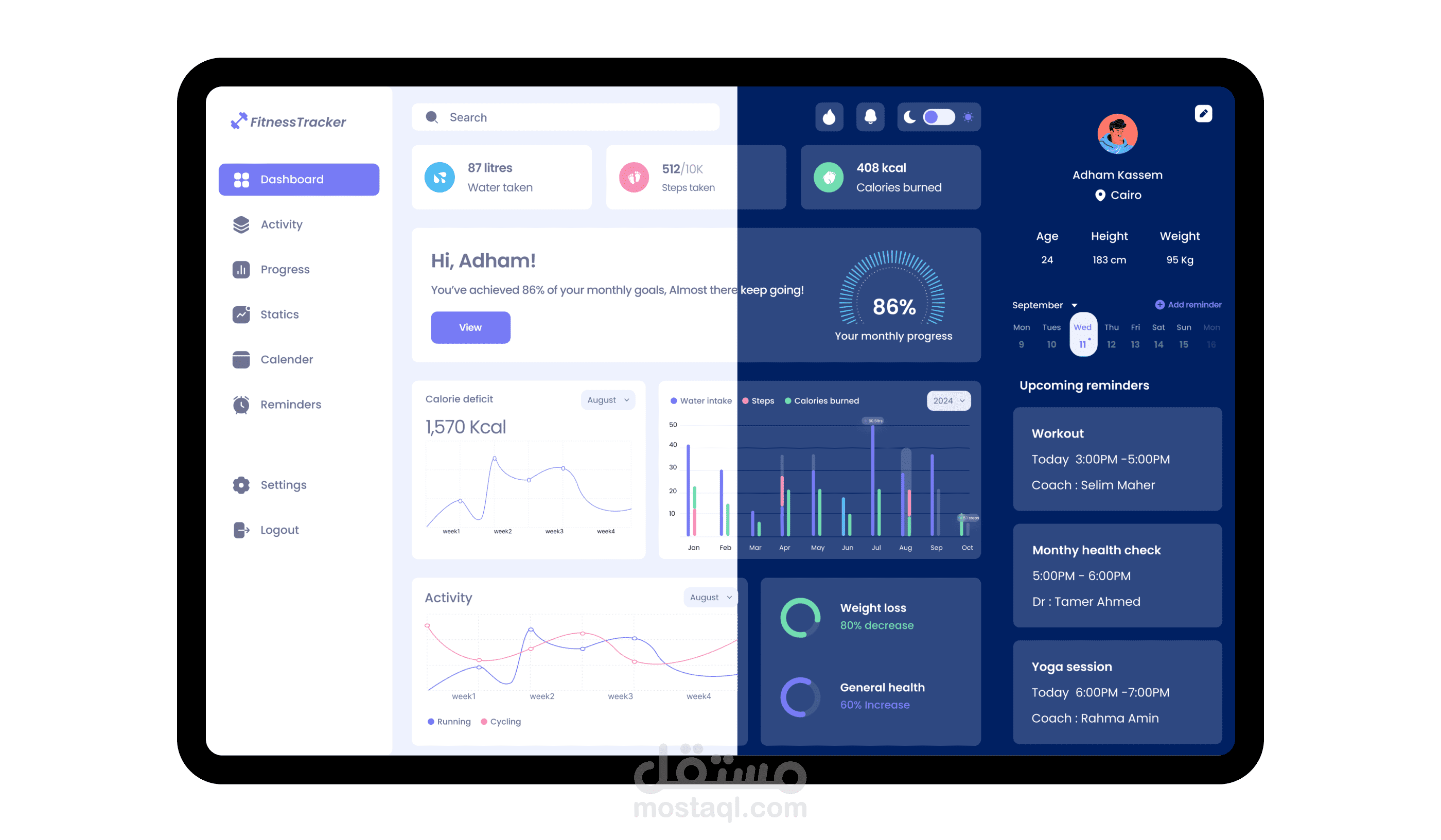 لوحة تحكم تصميم لوحة تحكم تساعد المستخدمين على متابعة أنشطتهم الصحية بكل من الوضع النهاري والوضع الليلي