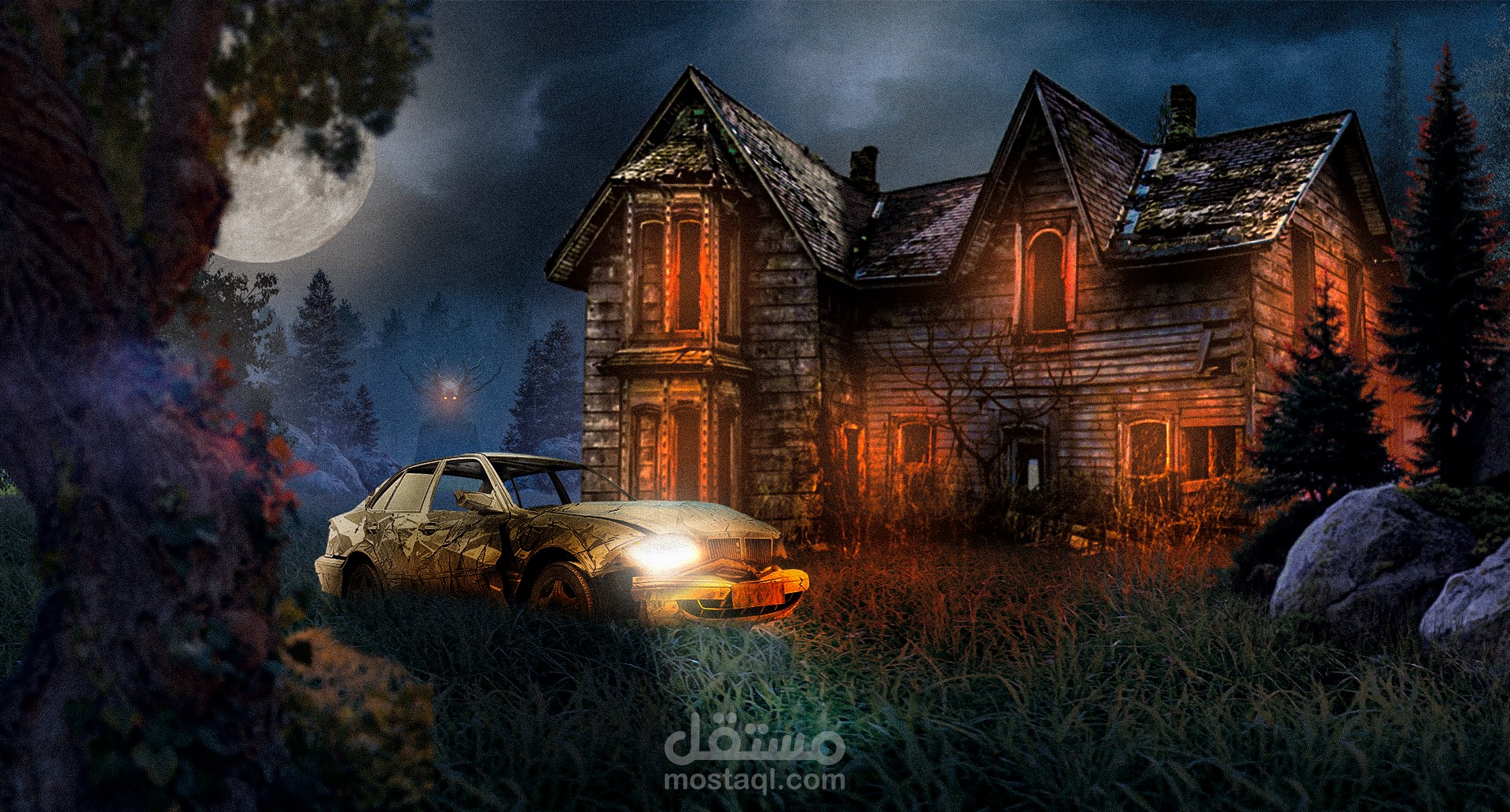 "The Haunted Escape – A Dark Surreal Scene"
