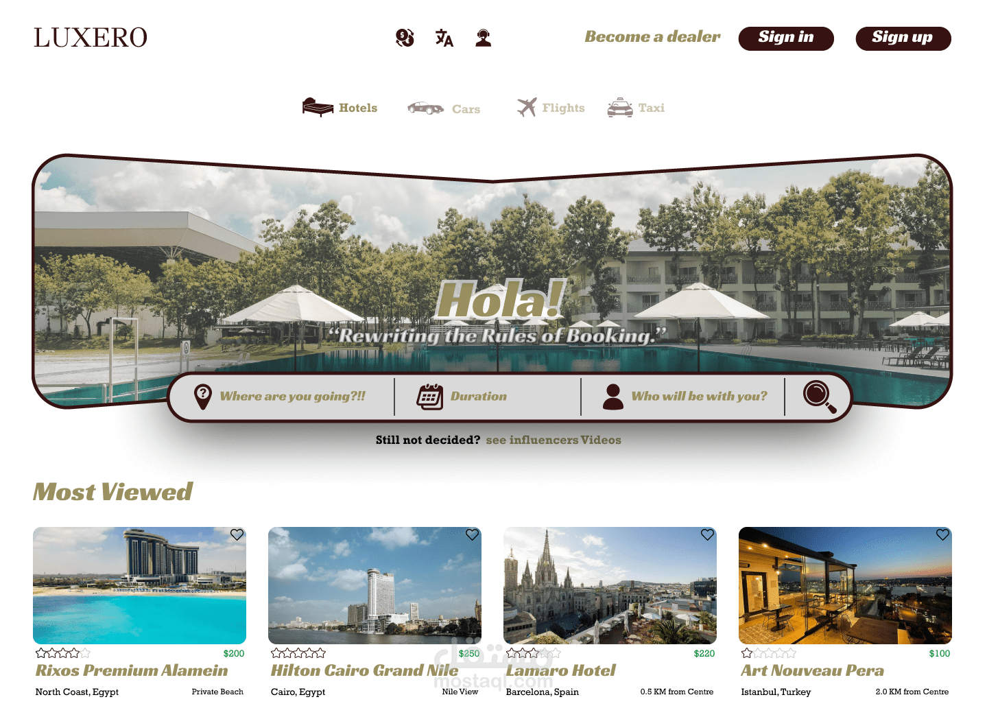 Home page design for an hotel booking website