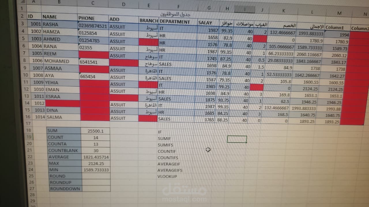 انشاء جدول مرتبات الموظفين علي الاكسيل