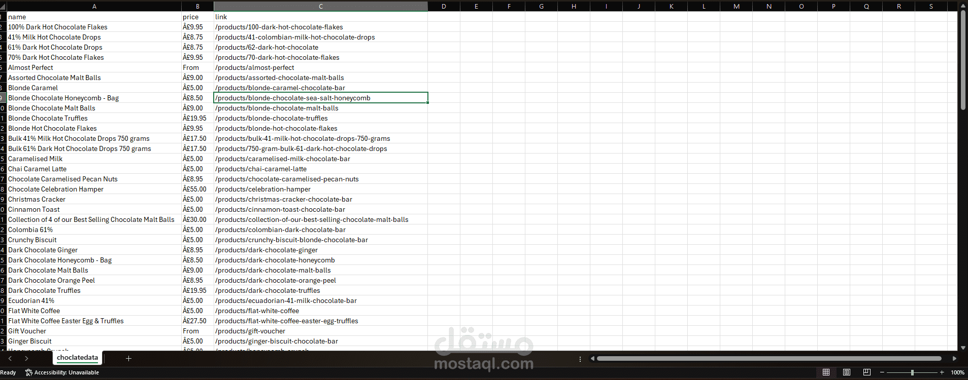 استخراج بيانات منتجات الشوكلاته من موقع الكتروني لبيع الشوكلاته