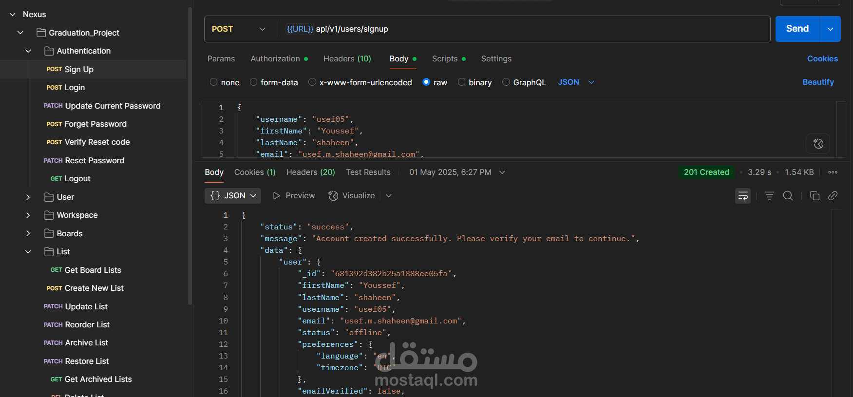 عمل باك اند لمشروع تنظيم المهام Nexus