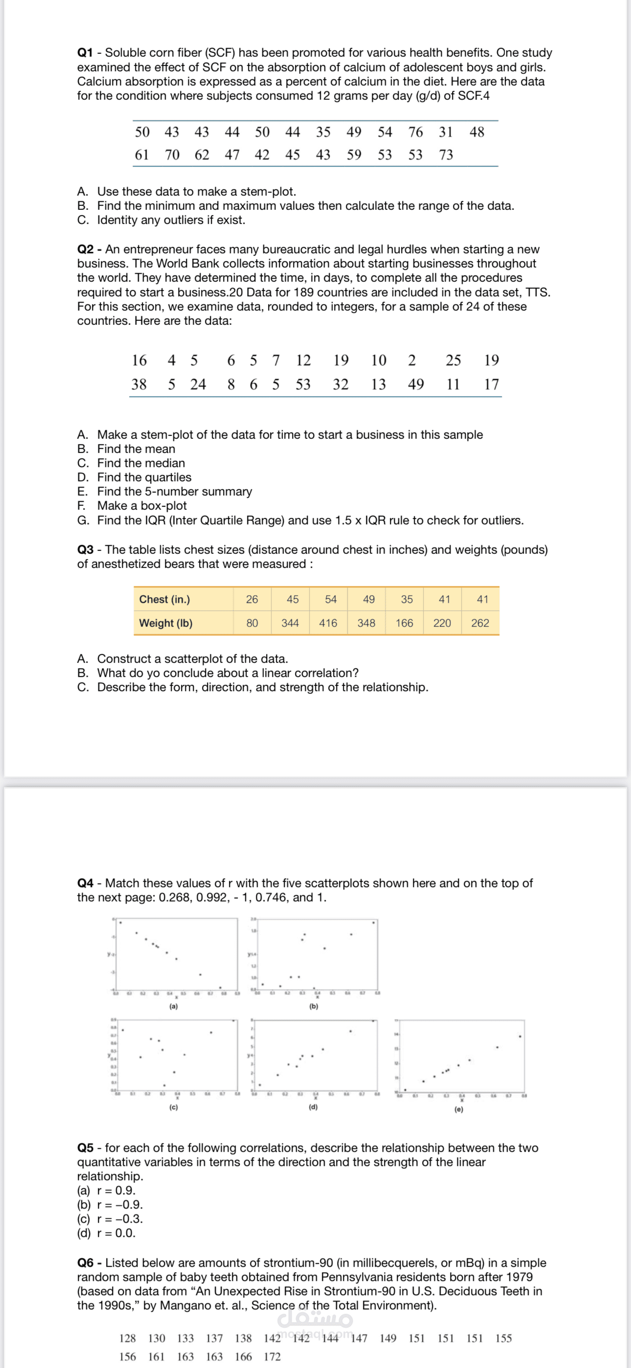 جزء من مسائل كورس احصاء حيوي biostatistics لطلاب هندسة طبية ماجستير