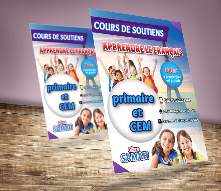 تصميم مطبوعة A4 لمعلمة تقدم دروس تدعمية  في اللغة الفرنسية