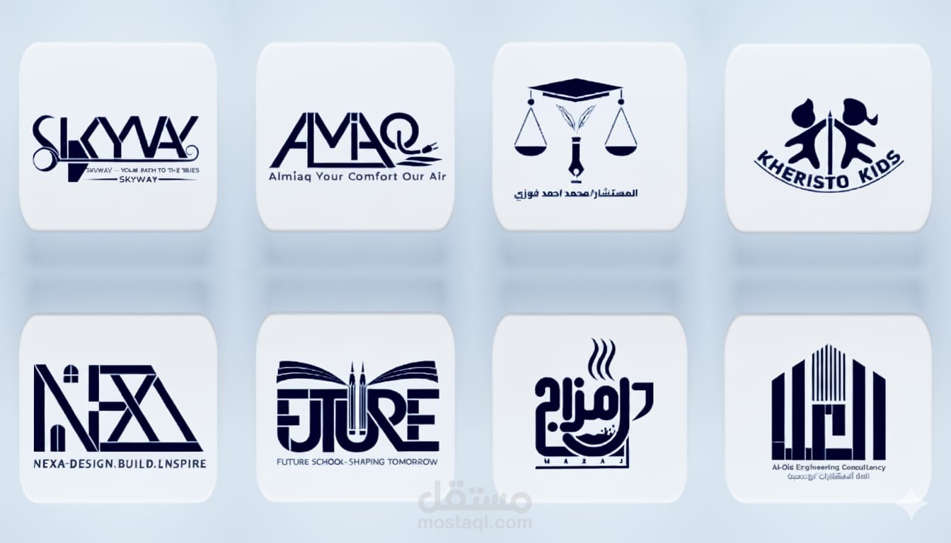 مجموعة شعارات احترافية – تصاميم بالأبيض والأسود مع تطبيقات واقعية مع عرض على موك أب احترافي