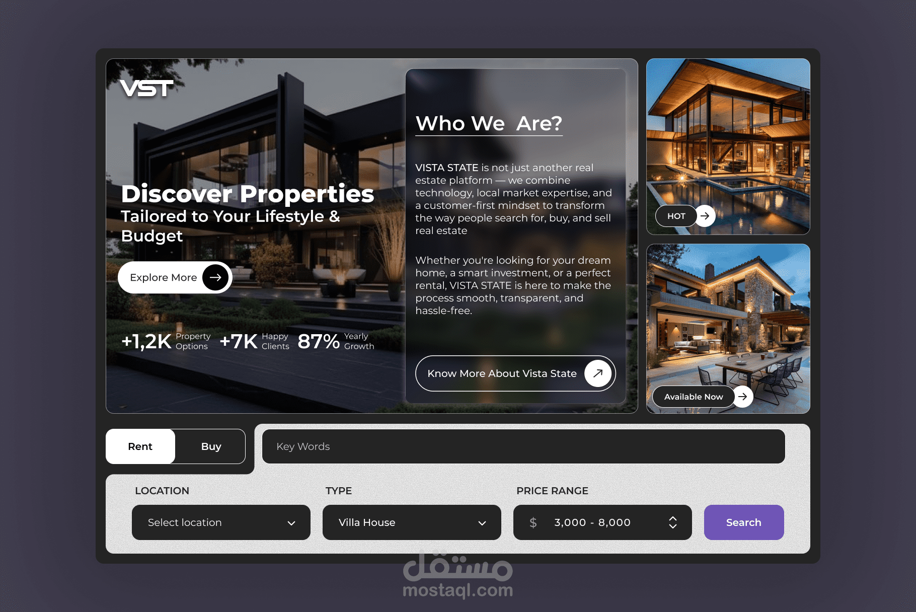 تصميم واجهة مستخدم لمنصة VST العقارية