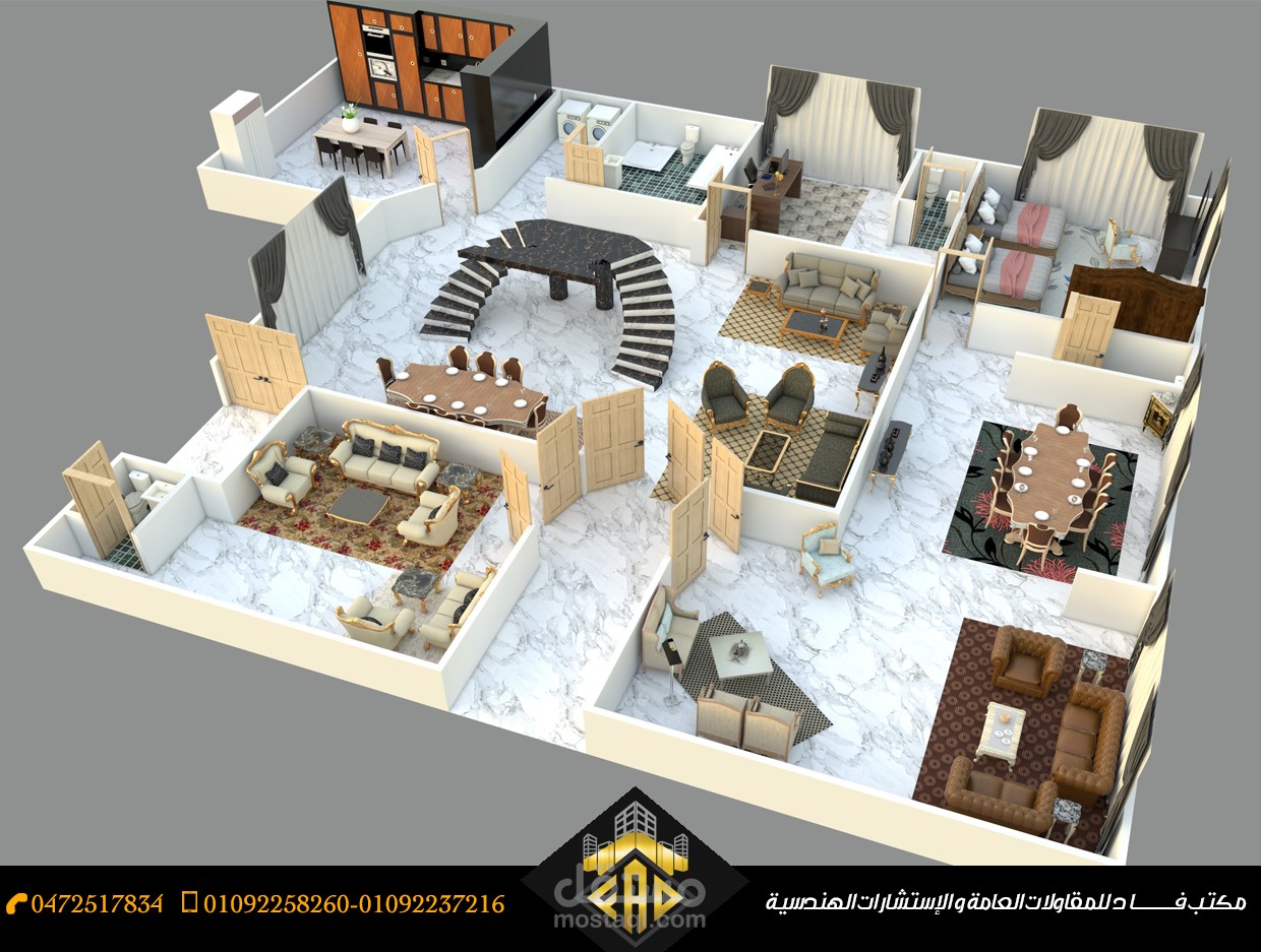 تصميم و توزيع 3d للفرش لفيلا سكنية