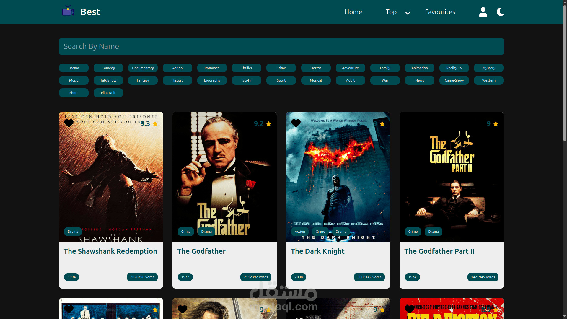 تطبيق أفضل الأفلام قائم على Next.js ، يضم أكثر من 250 فيلم من API