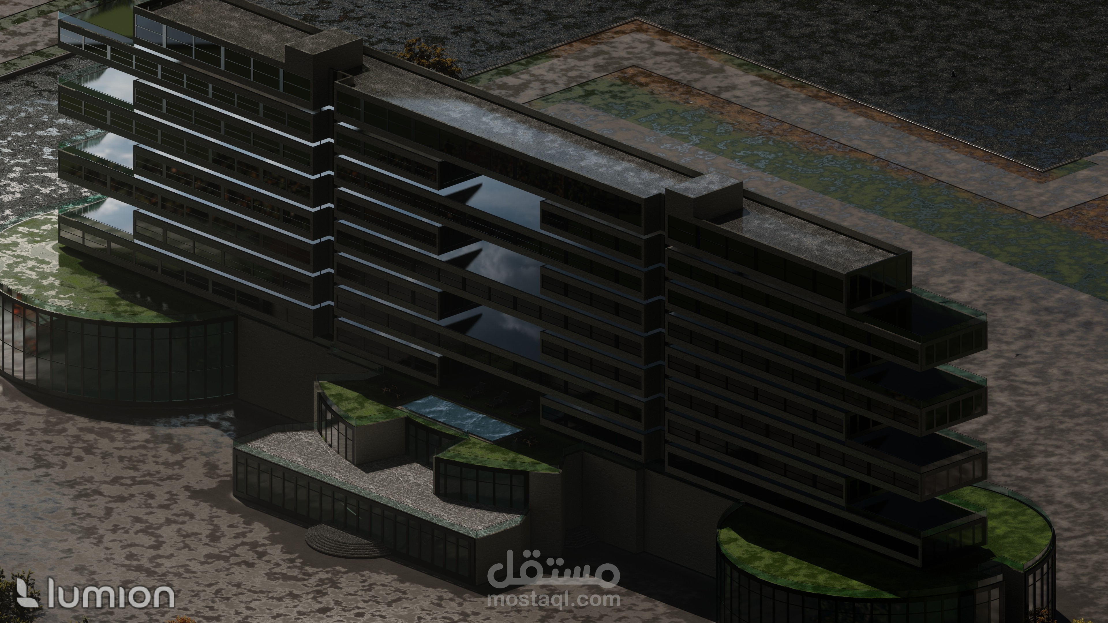 تصميم فندق كامل (مخططات - مساقط - واجهات - لقطات 3d)