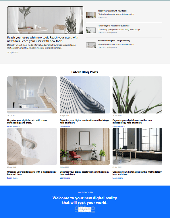 تصميم ويب متجاوب وعصري باستخدام Bootstrap لعرض أحدث المقالات والمدونات.