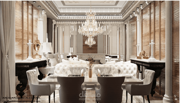تصميم داخلي لغرفة معيشة  وطعام كلاسيك