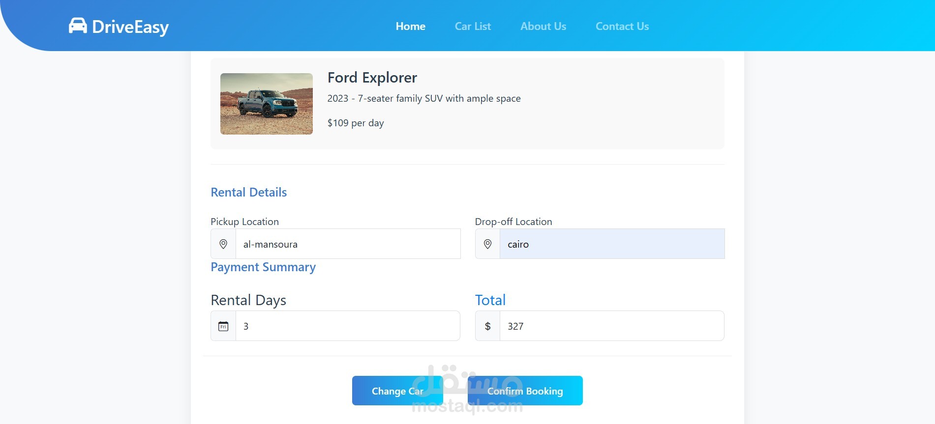 تطوير تطبيق ويب لتأجير السيارات بواجهة مستخدم ولوحة تحكم متجاوبة (DriveEasy)