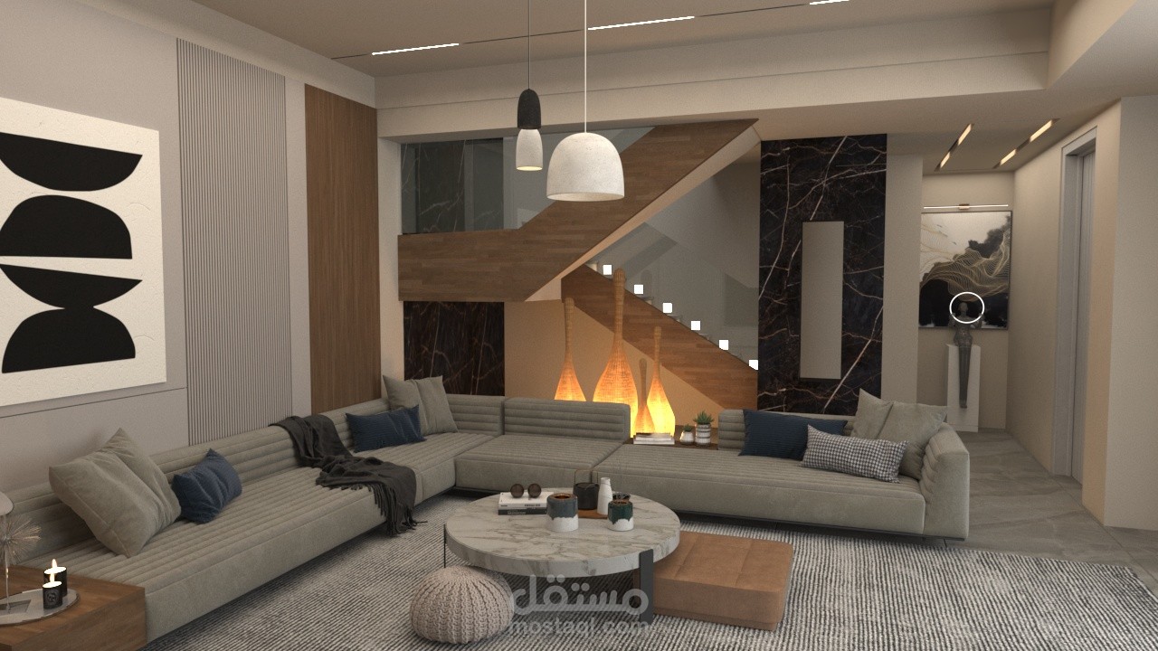 Modern Living Hall with Elegant Wooden and Marble Touches