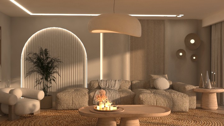 "Modern Organic Living Room Design with Warm Ambient Lighting"