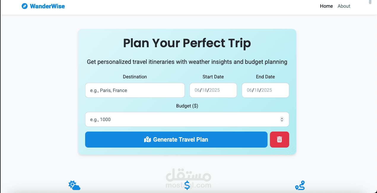 WanderWise – تطبيق تخطيط رحلات ذكي طور باستخدام Flask يولّد خطط سفر يومية مخصصة بناءً على الوجهة والميزانية ومدة الرحلة، ويشمل الطقس، الأنشطة، الإقامة، والوجبات.