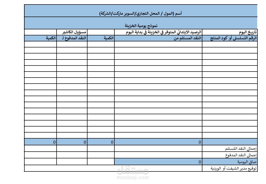 نموذج خزينة اليومية