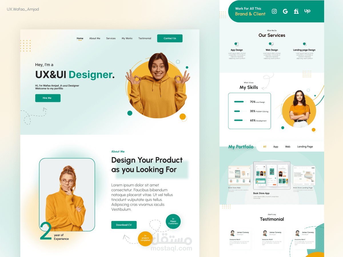 تصميم صفحة تعريفية لمصمم UI/UX بأسلوب عصري ومنظم