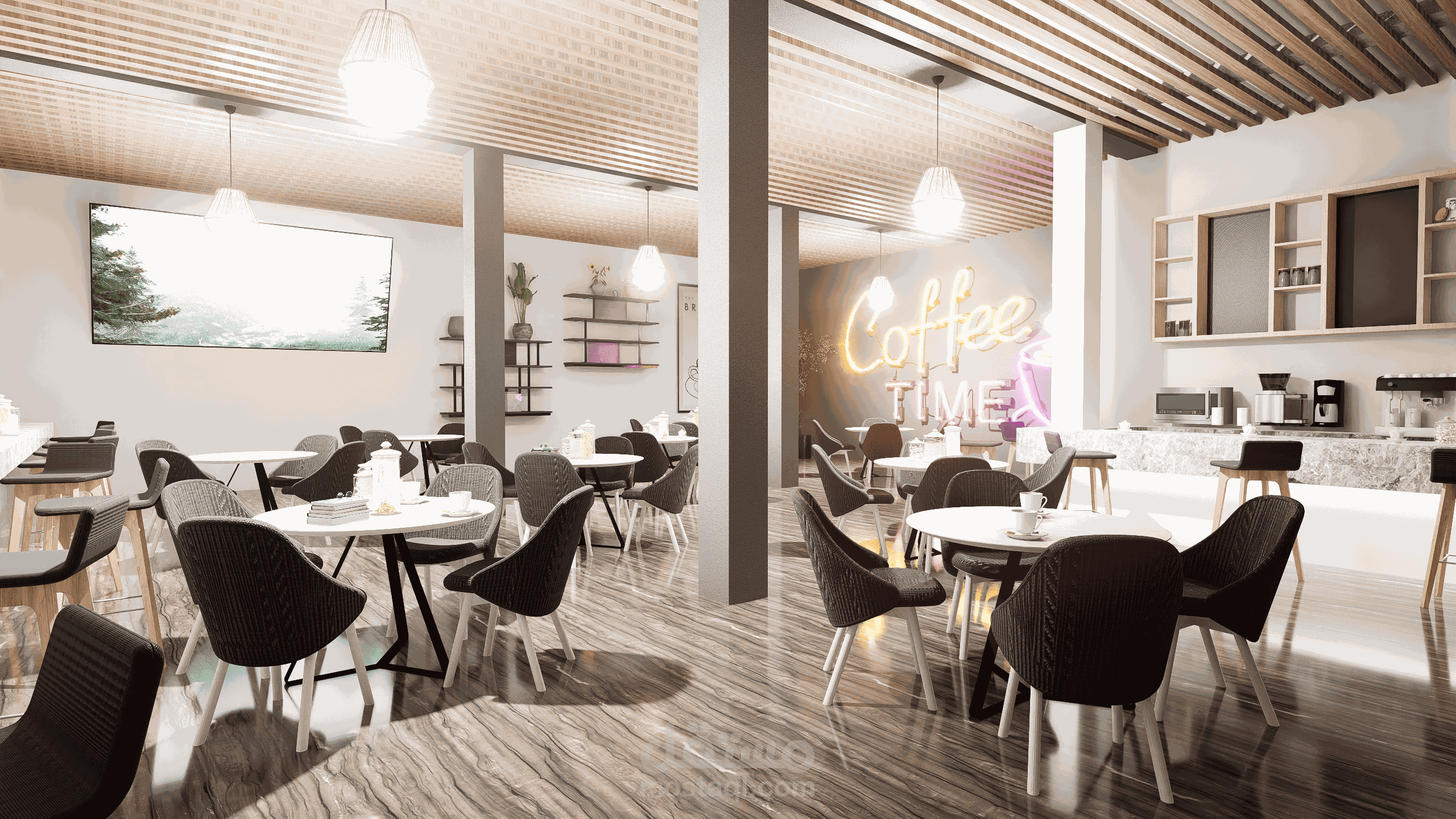 تصميم مقهى بطراز صناعي