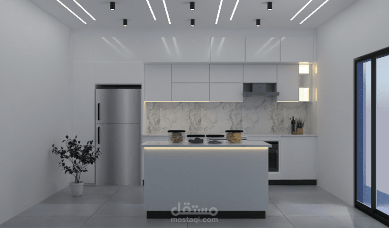 تصميم مطبخ عصري بلون أبيض نقي مع جزيرة وسطية مضيئة
