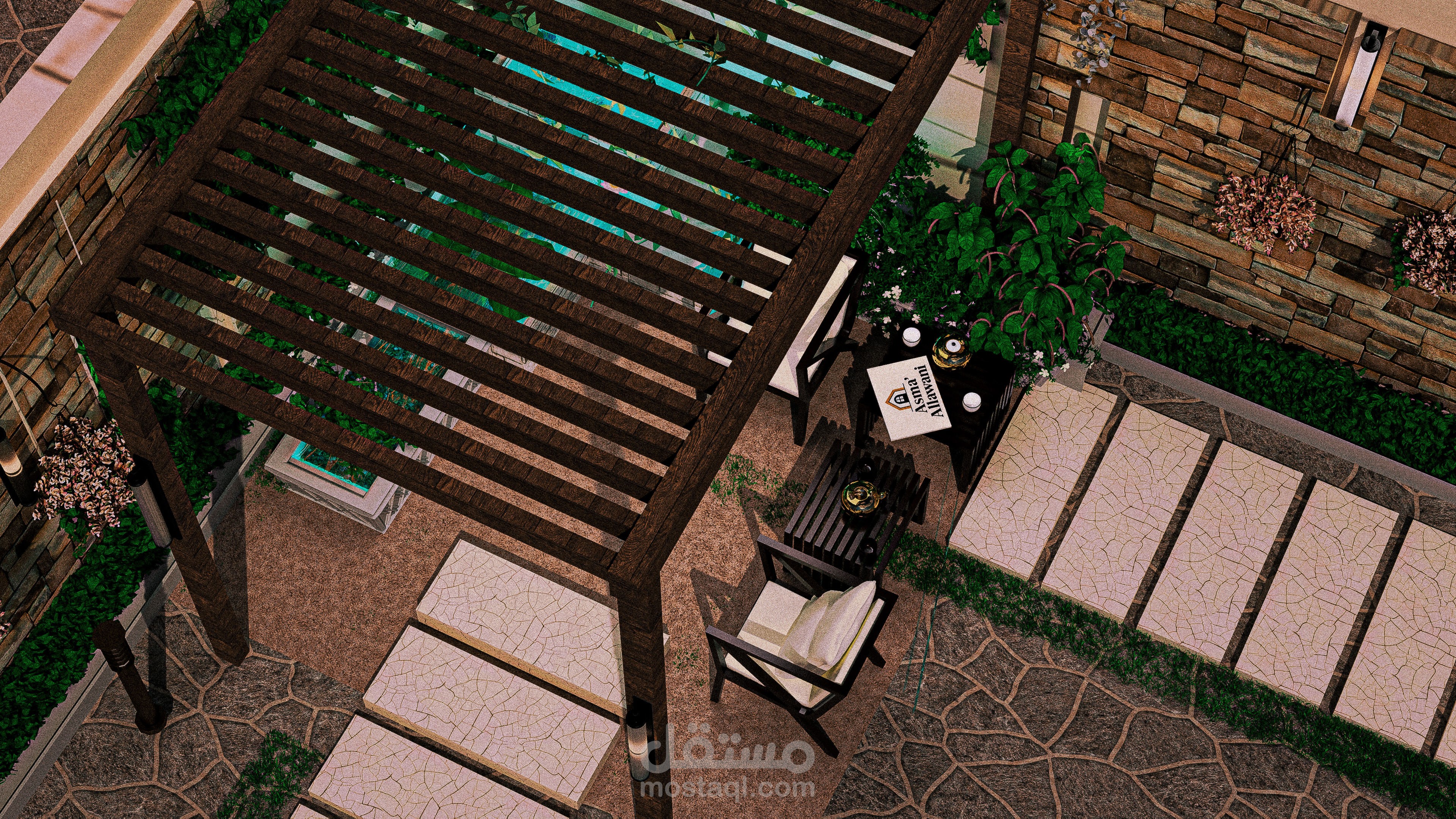 تصميم حديقة فيلا سكنية بتفاصيل معمارية احترافية + 3D Post Production