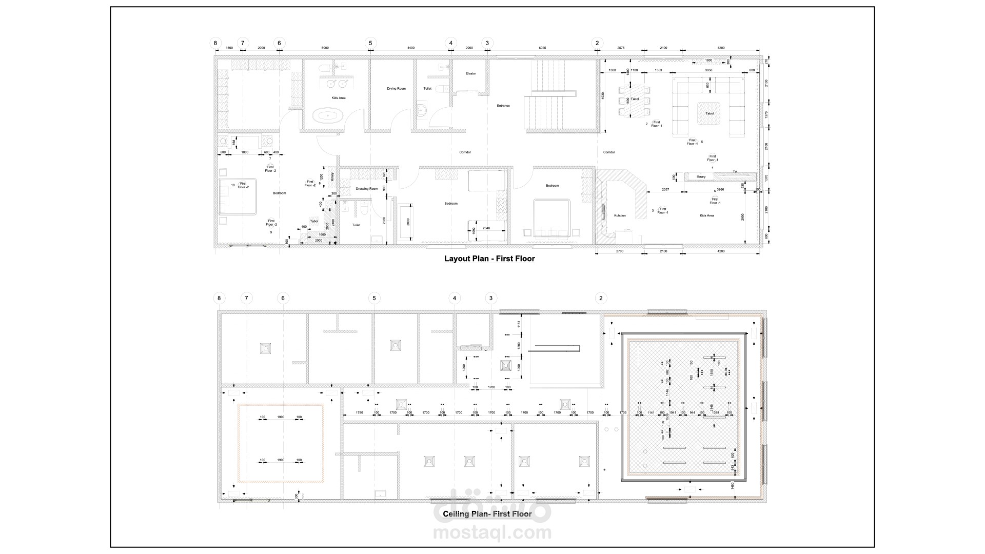 تصميم ديكور داخلي لفيلا مكوّنة من دورين باستخدام AutoCAD مع مخططات تنفيذية كاملة