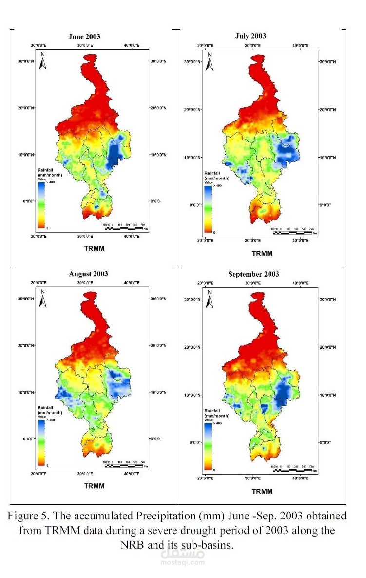 Monitoring and assessing precipitation along the Nile River Basin using TRMM satellite data (processed and mapped in GIS environment using ArcGIS 10.4)