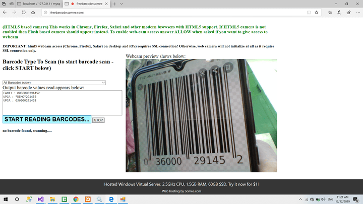 website to read barcode from webcam