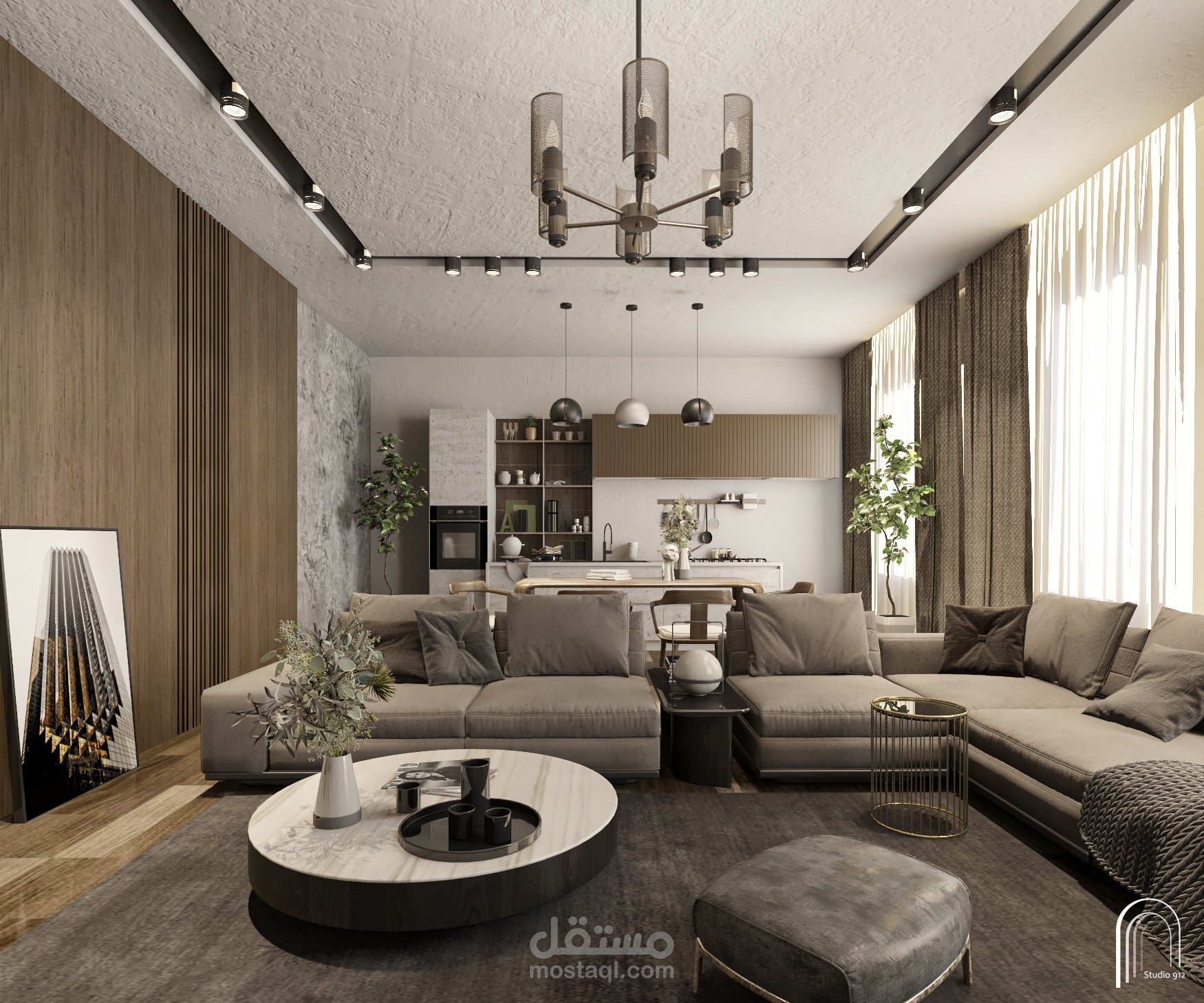 Living room and kitchen design / تصميم داخلي لغرفة معيشة ومطبخ