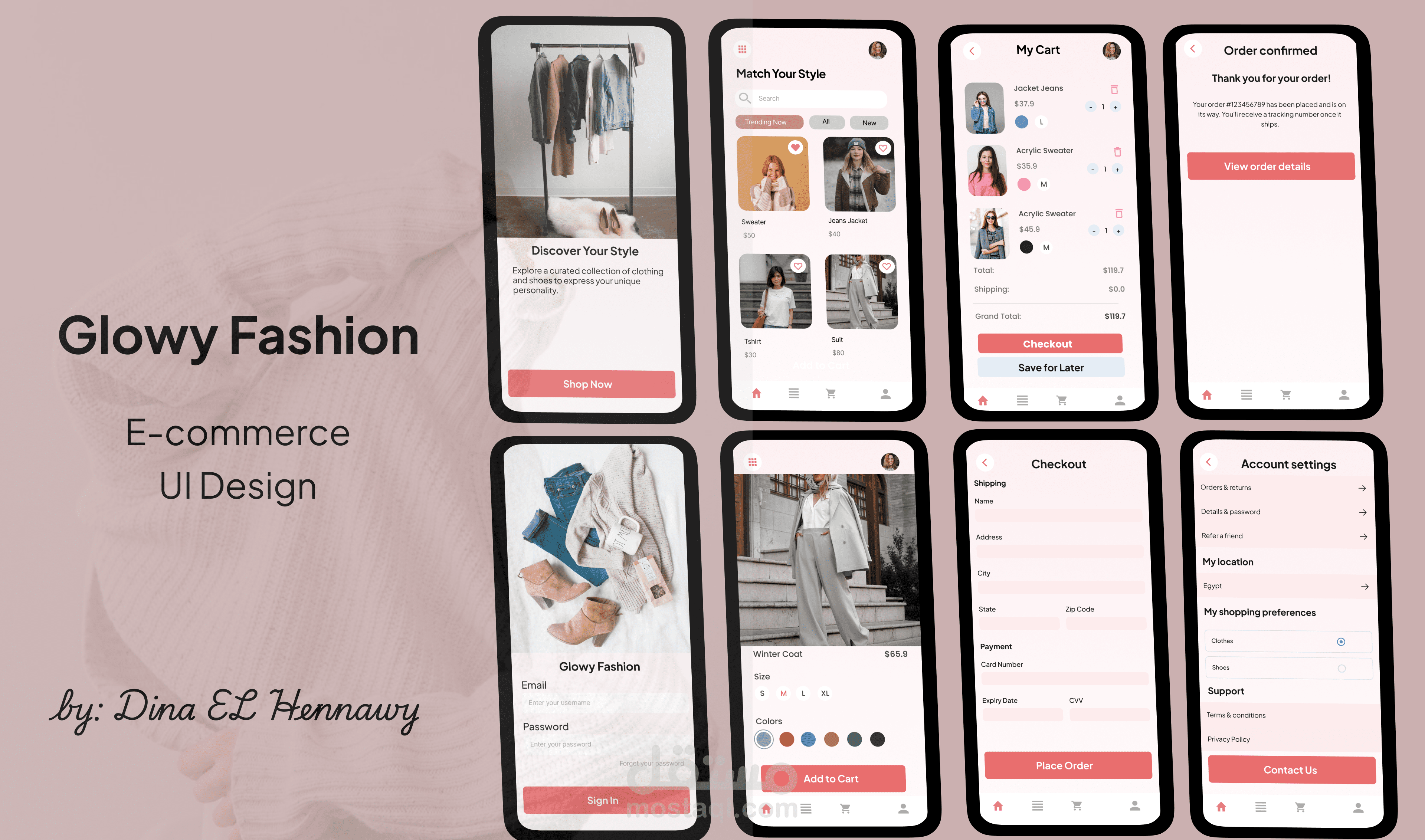 تصميم واجهات مستخدم لتطبيق Glowy Fashion