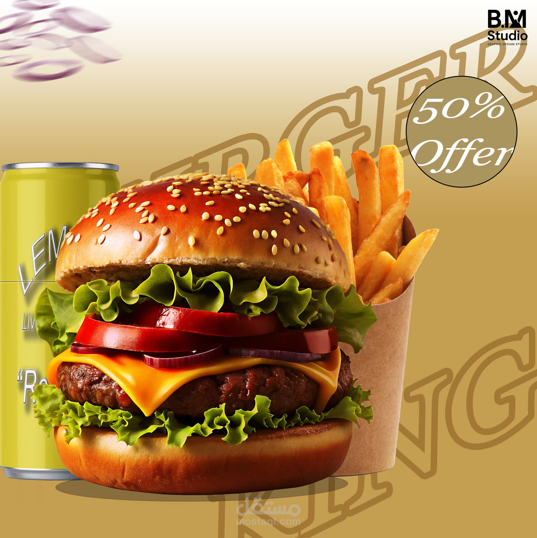 تصميم إعلان عرض وجبة برجر – خصم 50%